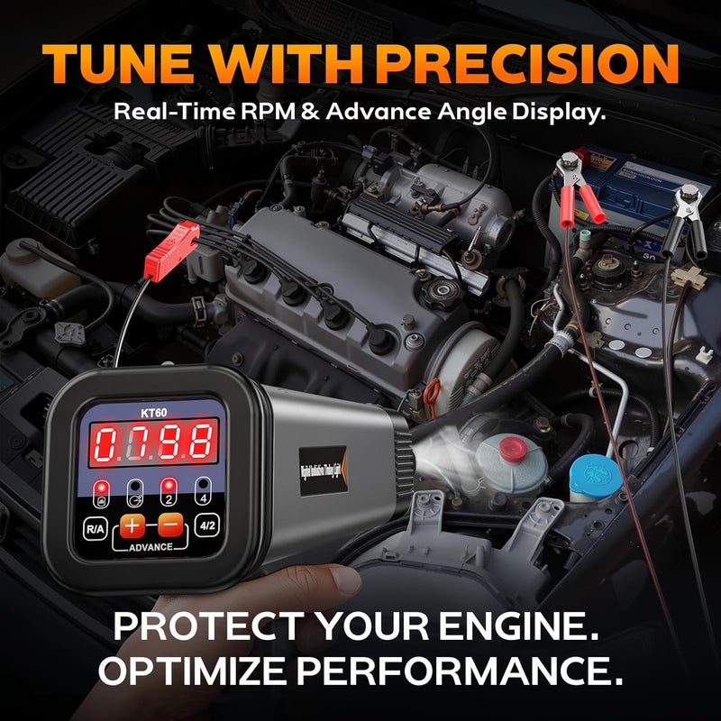 KZYEE Store مصباح توقيت رقمي KT60 مع RPM وزاوية متقدمة، مسدس توقيت إشعال تحريضي 12V للسيارات المزودة بموزع الوقود - Image 4
